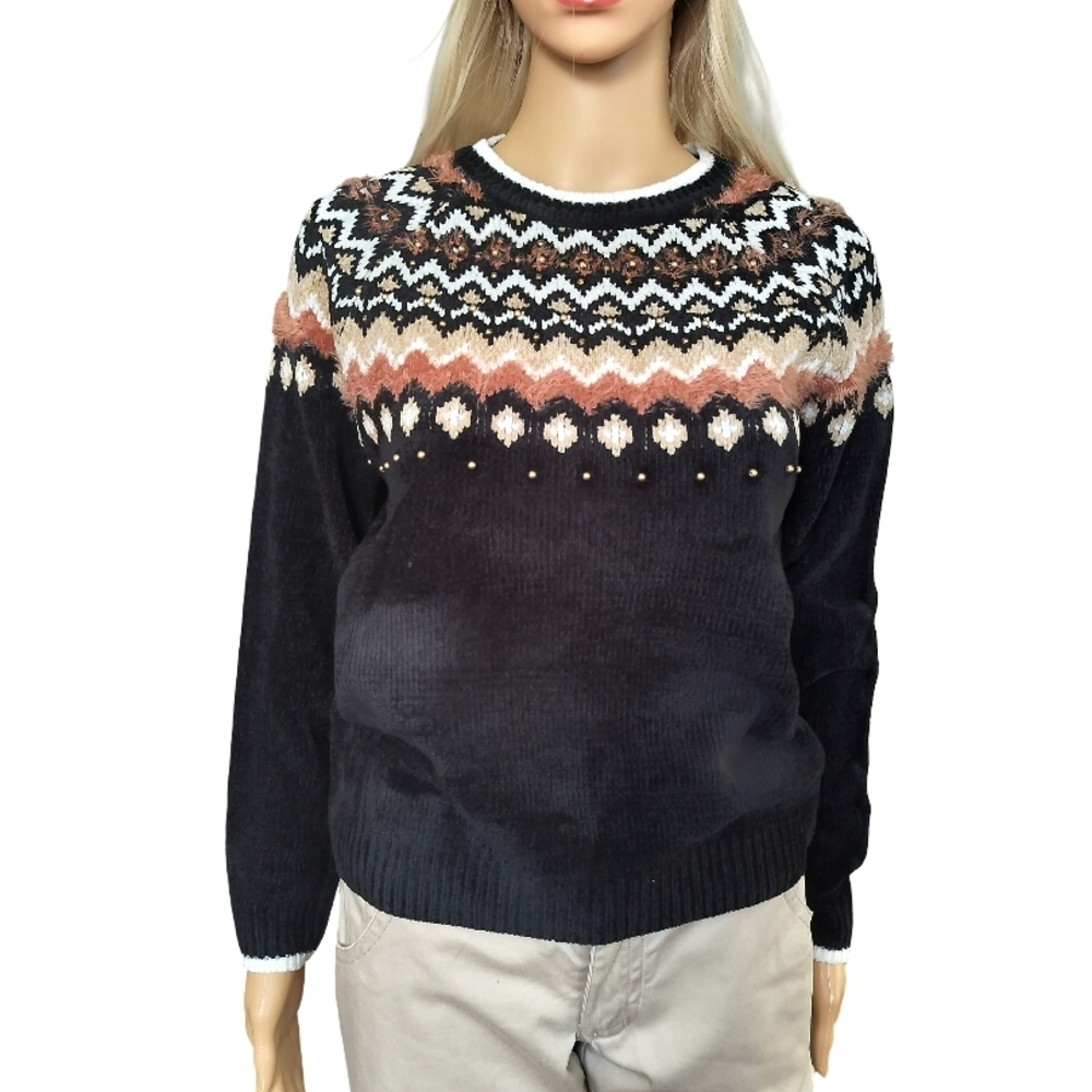 Alfred Dunner Black and Brown Chevron Sweater